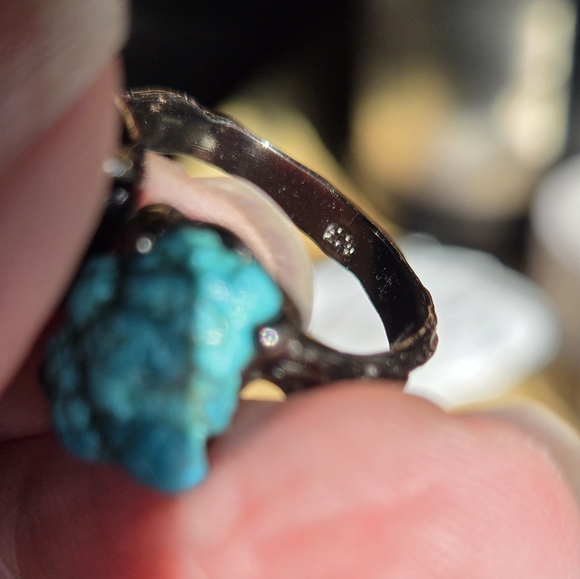 Turquoise raw dual nugget sterling & rhodium ring sz9 adjustable - Picture 4 of 8